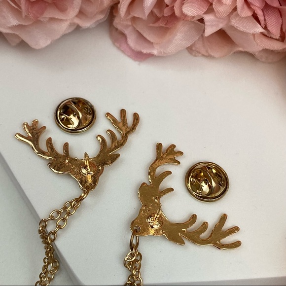 Retro Double Chain Deer Head Collar Lapel Pin - Picture 10 of 16